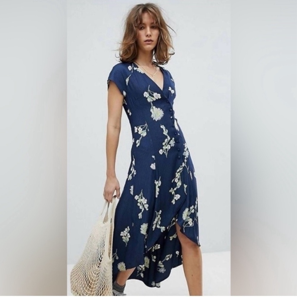 Free People Lost In You Navy Blue Midi  Floral Navy Button Short Sleeve …